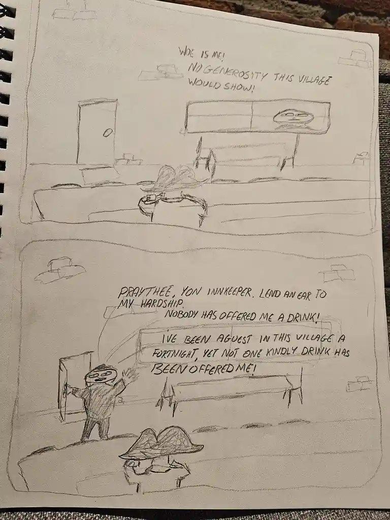 A hand-drawn two-panel comic on notebook paper shows a traveler in a village lamenting their lack of hospitality. In the top…