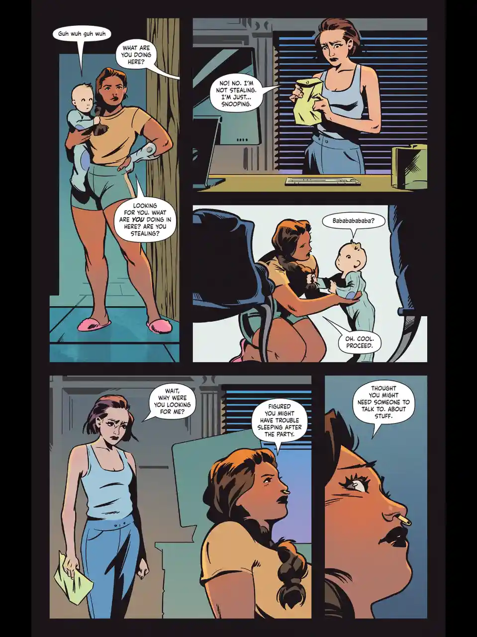 A comic strip panel shows a woman holding a baby who makes a 'gah wuh' sound, confronting another woman who is holding a…