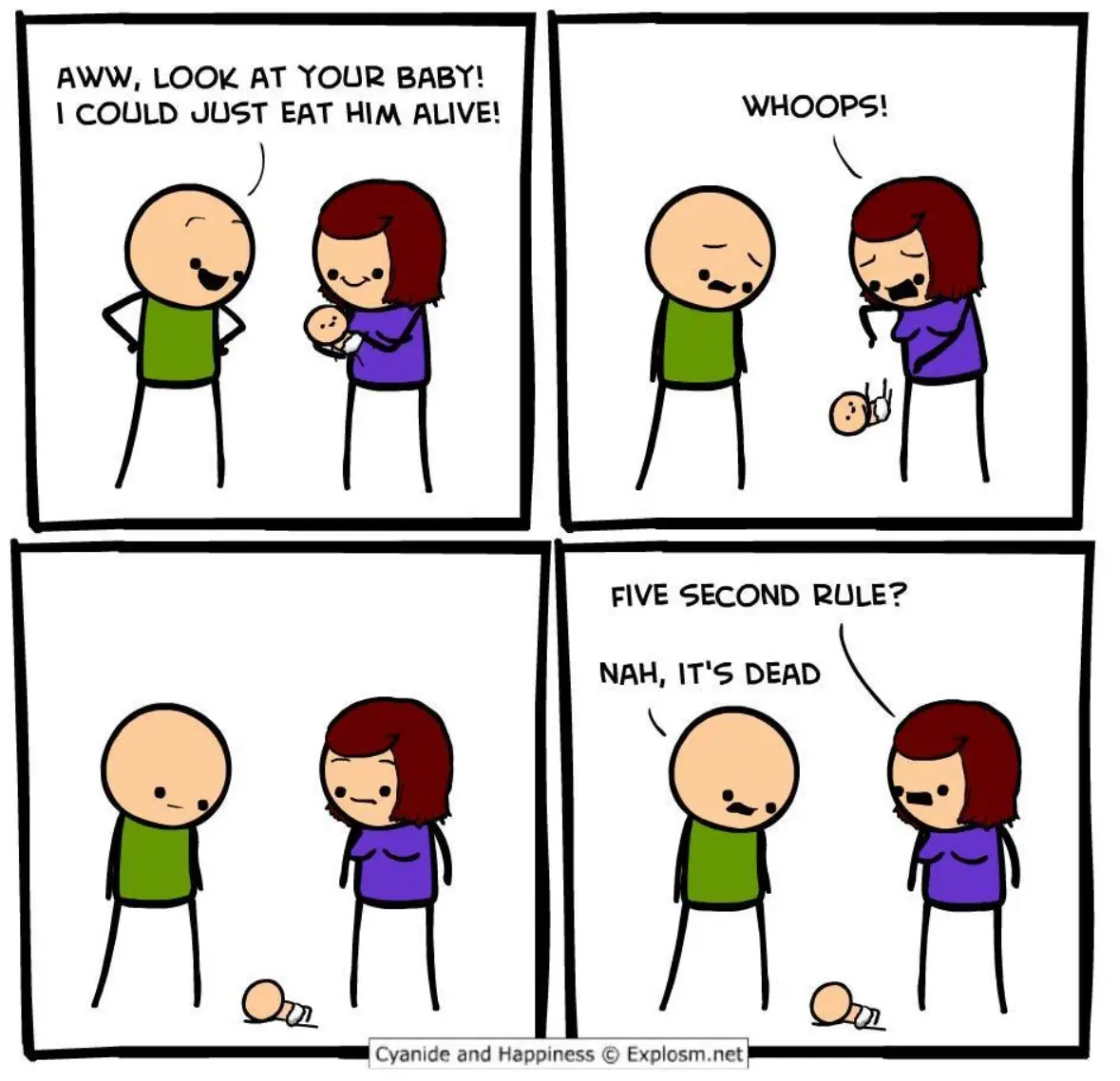 A four-panel comic strip shows a man complimenting a woman's baby, then accidentally dropping it. The woman picks it up, and…