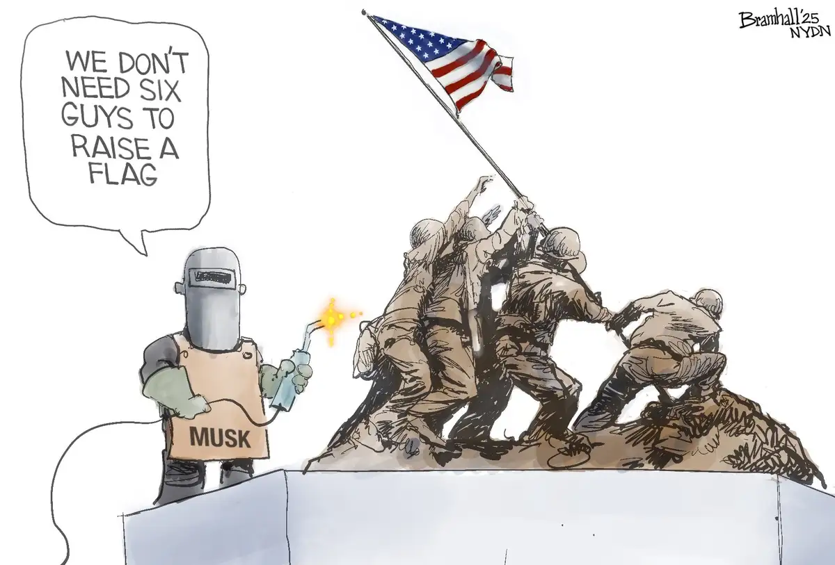 A cartoon depicts a welder wearing a helmet and apron labeled 'MUSK' holding a welding torch, looking at the iconic 'Raising…