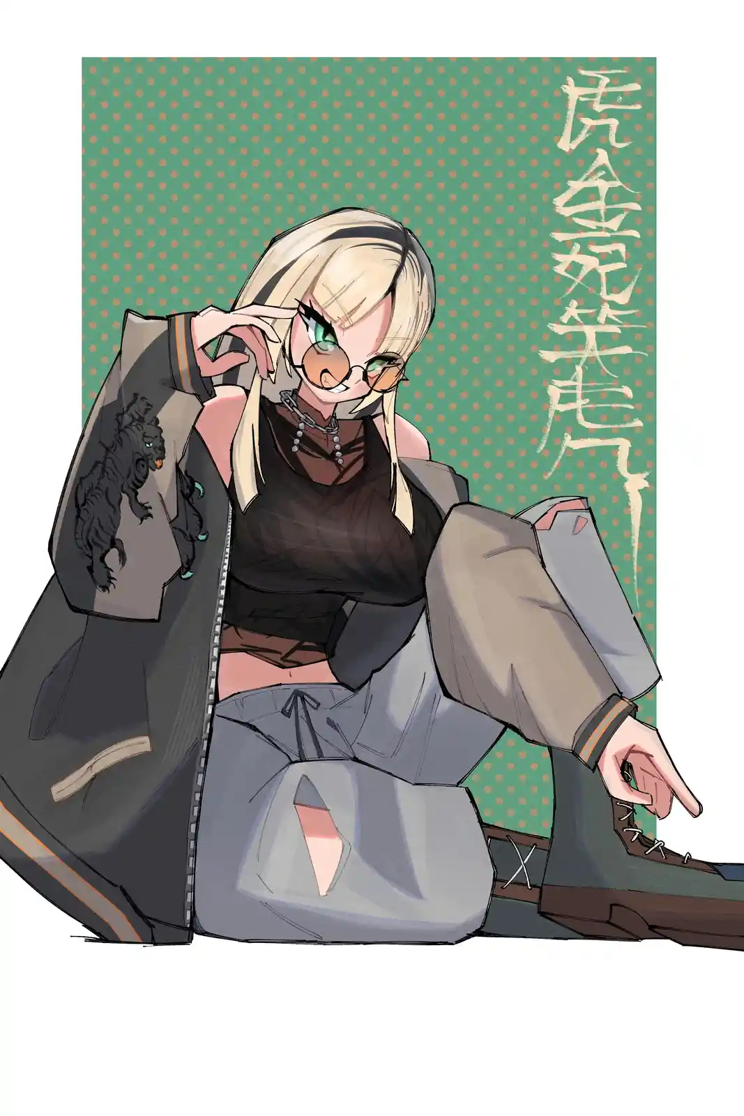 An anime-style illustration of a blonde woman with green eyes wearing round sunglasses, a black crop top, grey pants, and a…