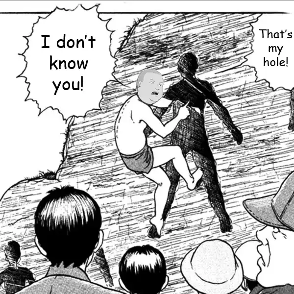 A black-and-white manga panel shows a shirtless man with a shocked face grabbing another man's backside, yelling 'I don't…
