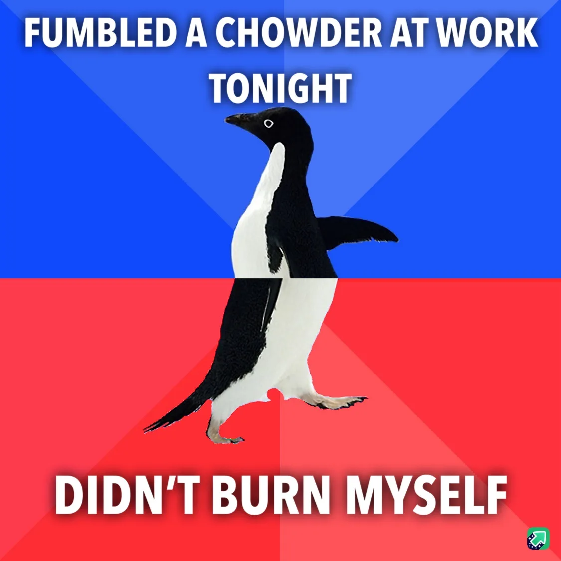 A black-and-white penguin stands centered against a blue-and-red background, with white text above reading 'FUMBLED A…