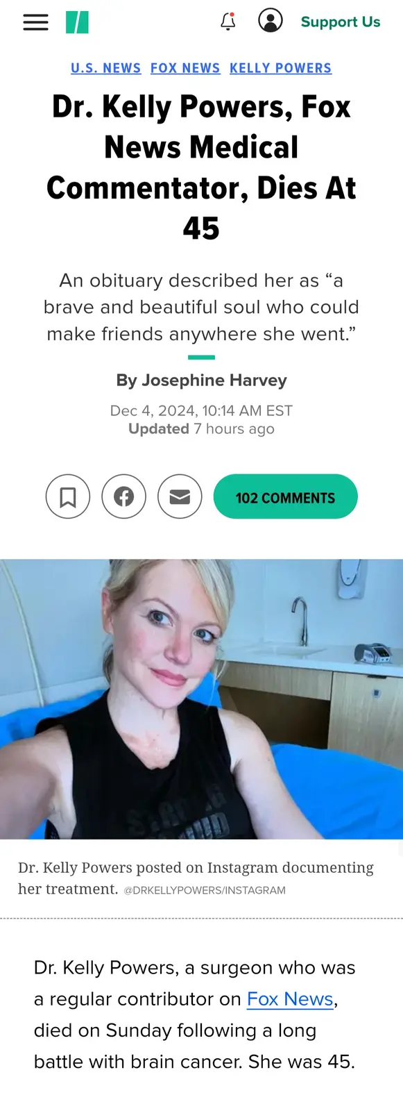 A screenshot of a news article about Dr. Kelly Powers' death at 45, featuring a photo of her in a hospital bed. The headline…