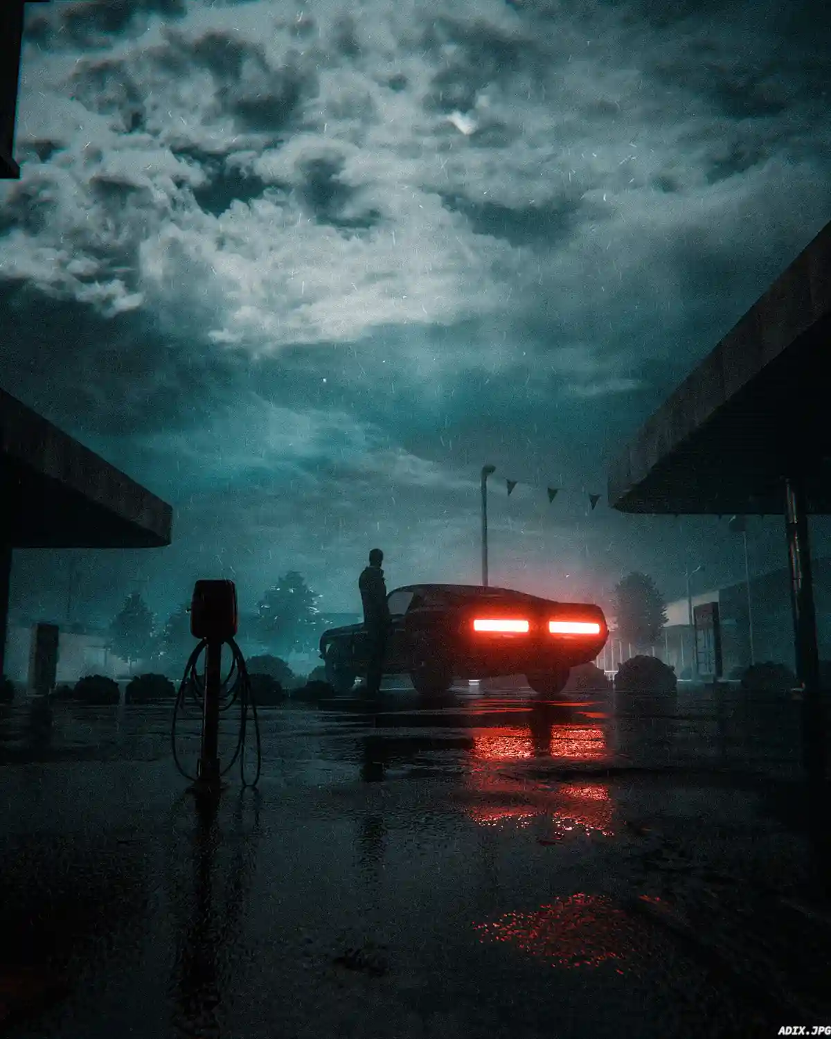 A moody, rainy night scene at a gas station with a silhouette of a man standing beside a classic car with glowing red…