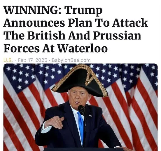 A digitally altered image shows Donald Trump wearing a Napoleon-style bicorne hat while standing at a podium in front of…