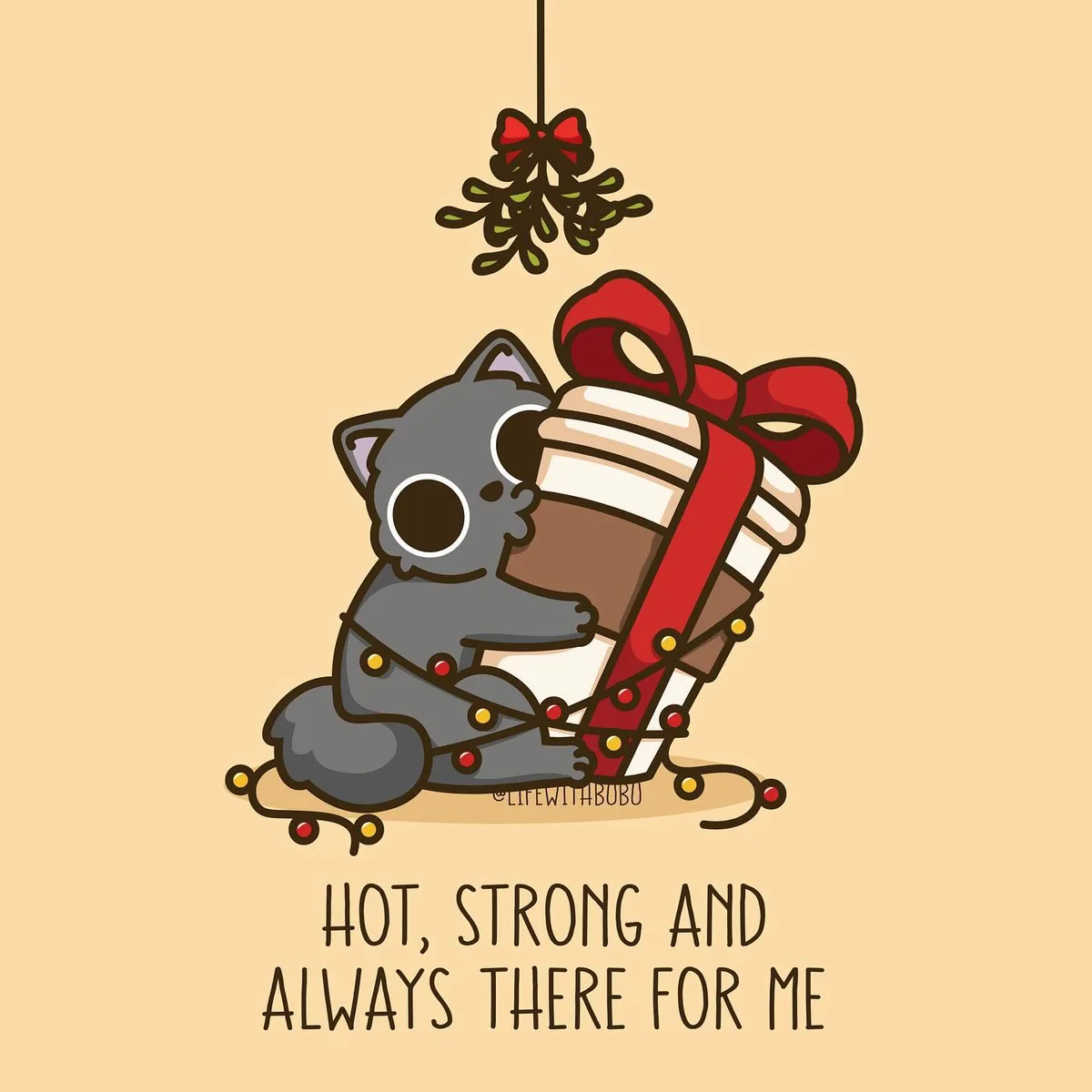 A cartoon grey cat is wrapped in festive string lights and hugging a large, red-bow-tied coffee cup. Above them hangs a…