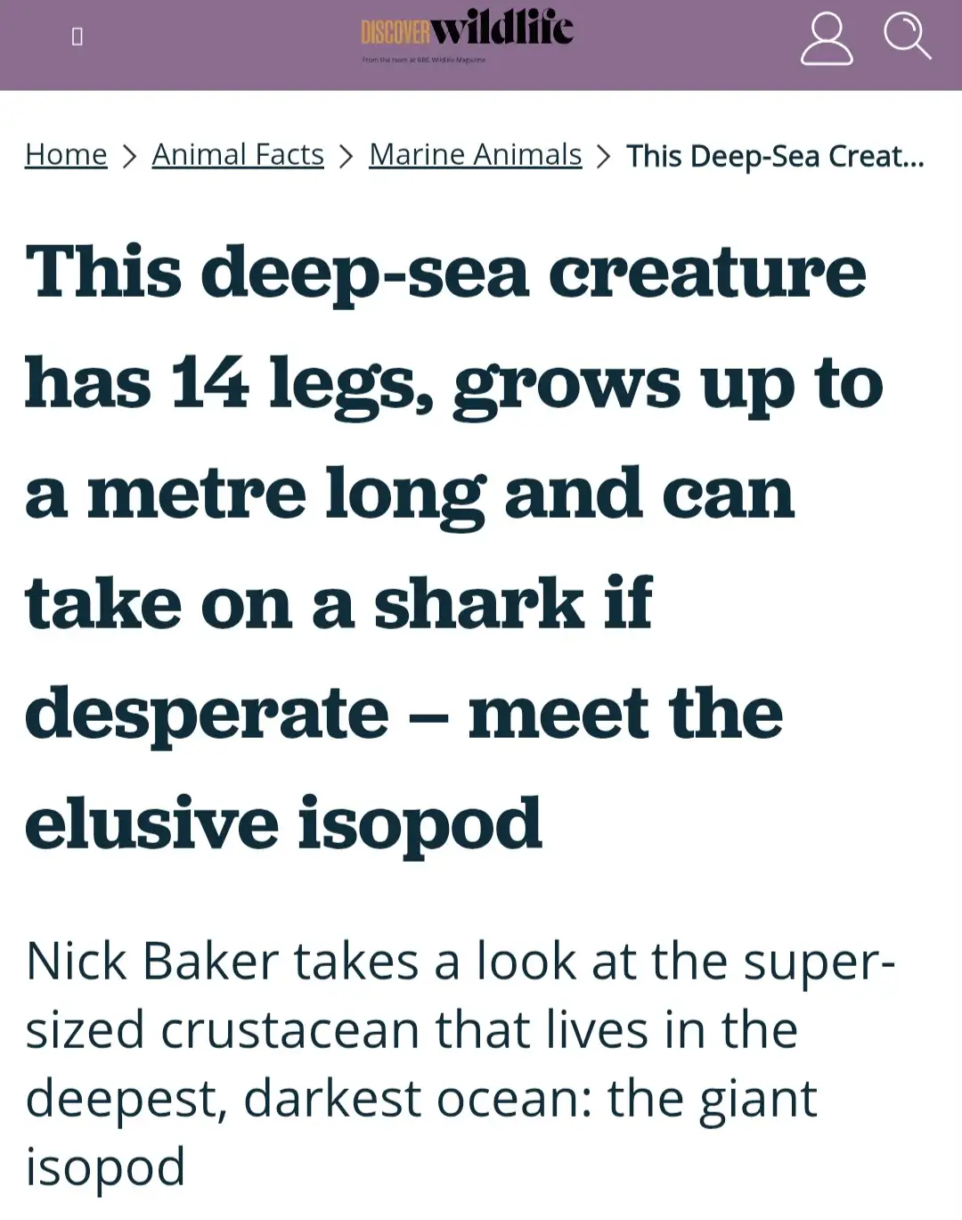 A screenshot of a BBC Wildlife article header describing a giant isopod, noting it has 14 legs, grows up to a metre long…