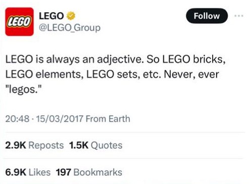 A screenshot of a tweet from the official LEGO Twitter account (@LEGO_Group) dated March 15, 2017, stating that 'LEGO' is…
