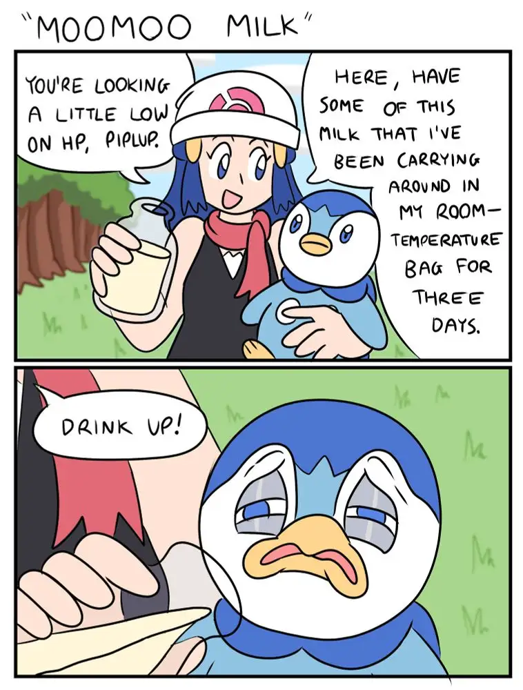 A two-panel comic shows a girl in a Pokémon-style outfit holding a bottle of milk and a penguin-like Pokémon named Piplup…