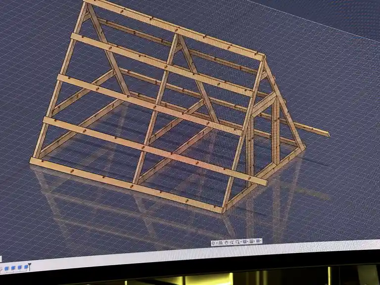 A 3d computer-aided design (cad) rendering of a wooden greenhouse frame, showing its structural beams and trusses against a…
