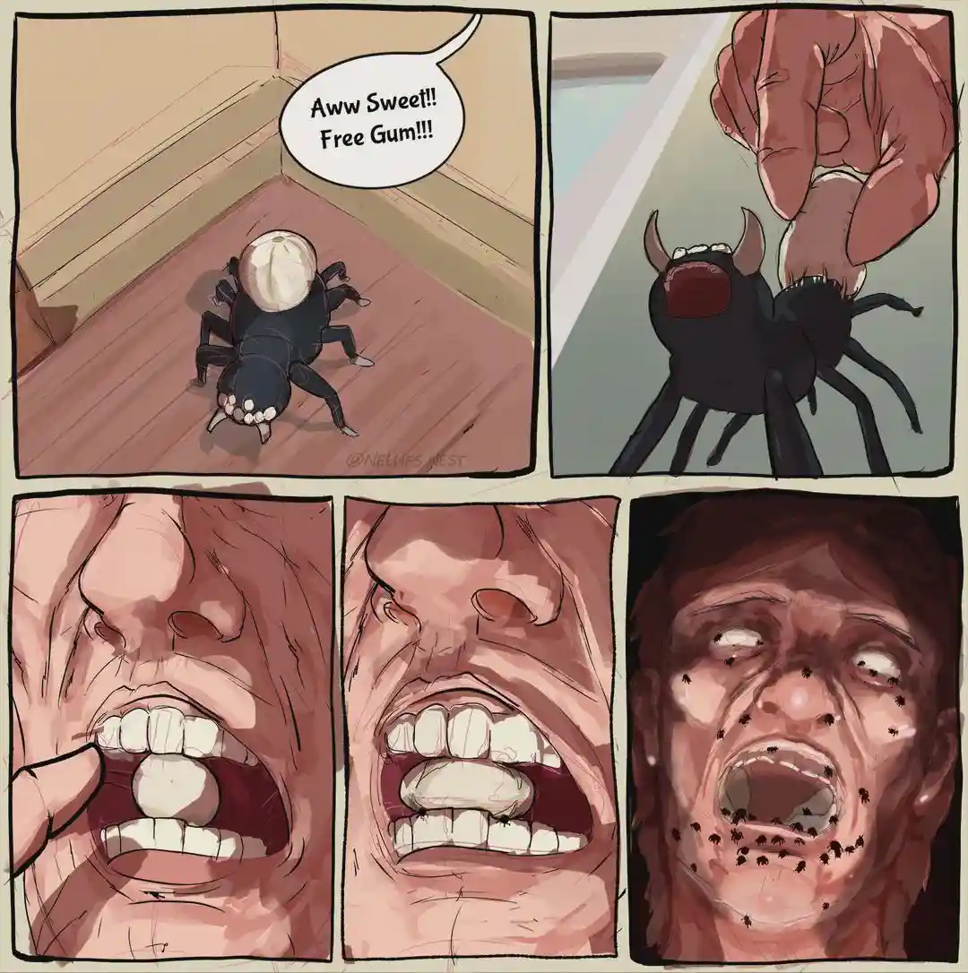 A four-panel comic strip shows a black spider with a white gum bubble on its back exclaiming 'Aww Sweet!! Free Gum!!!' as a…