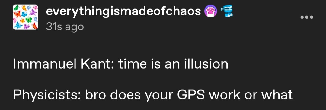 A screenshot of a social media post with a dark background, showing a user named 'everythingismadeofchaos' who posted 31…