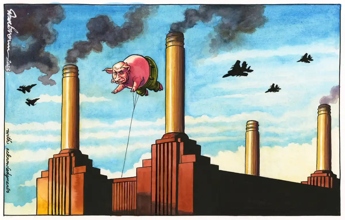 a watercolor illustration shows a large pink pig wearing a green flight suit, tethered by ropes to a factory chimney, flying…