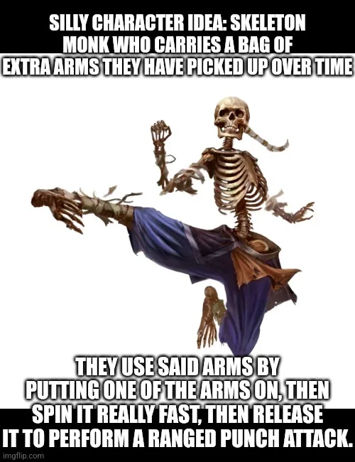 A skeletal monk in a blue robe is mid-kick, with multiple extra arms attached to its body and one arm detached and falling…