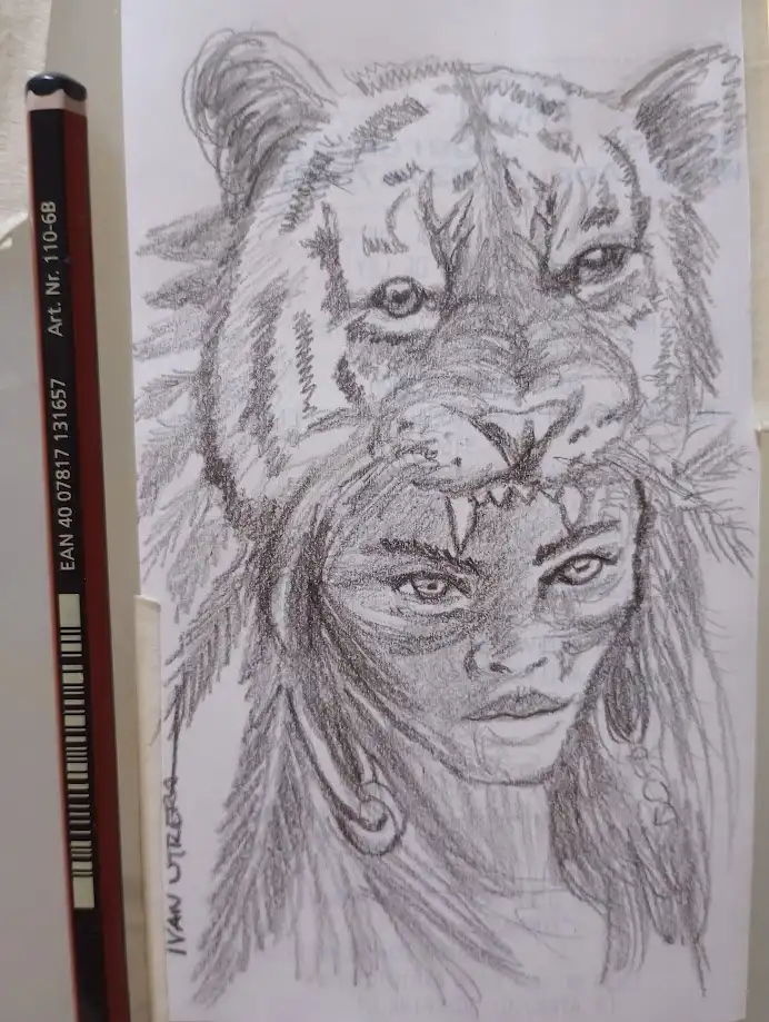 A pencil sketch shows a woman's face with a tiger's head superimposed over her own, as if the tiger is wearing a headdress…