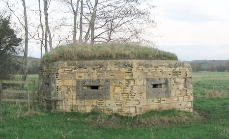 A weathered, grass-covered stone bunker with two small rectangular openings stands in a grassy field under an overcast sky…