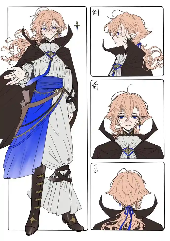 A full-body anime character illustration of a blonde-haired, blue-eyed elf with pointed ears, wearing a white shirt, blue…