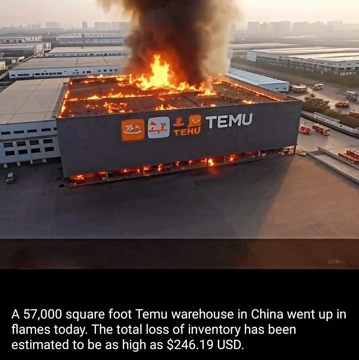 An aerial view shows a large warehouse with the Temu logo on its side engulfed in flames and thick black smoke. Fire trucks…