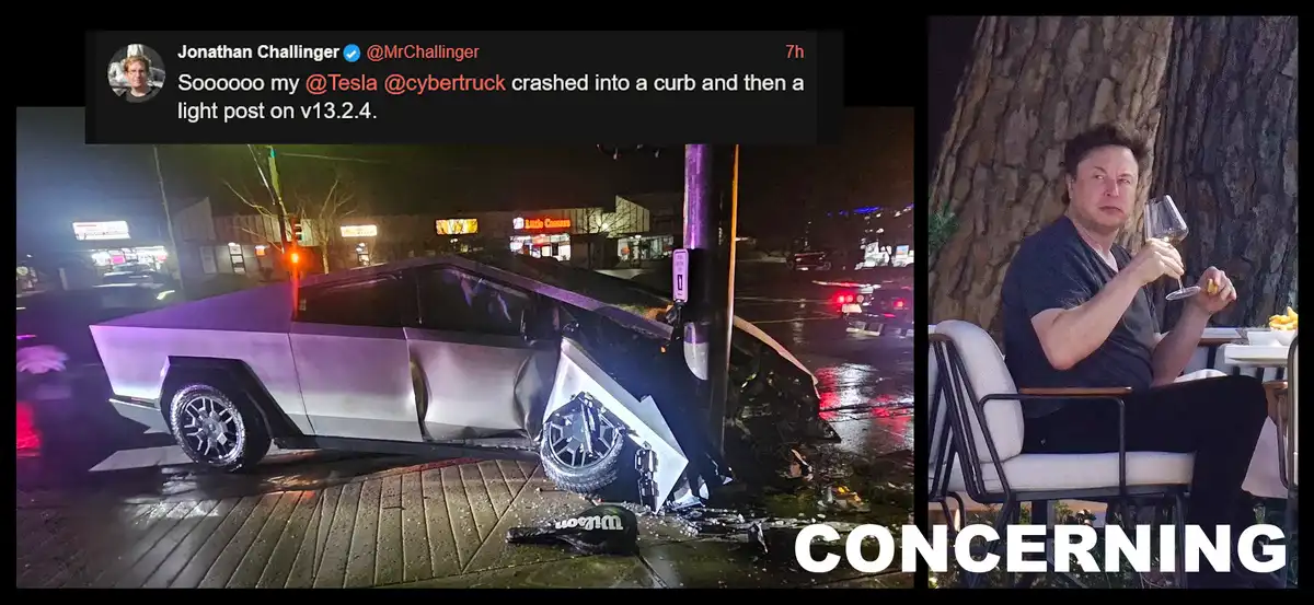 A split image shows a severely damaged silver Tesla Cybertruck crashed into a light post at night, with a tweet overlay from…