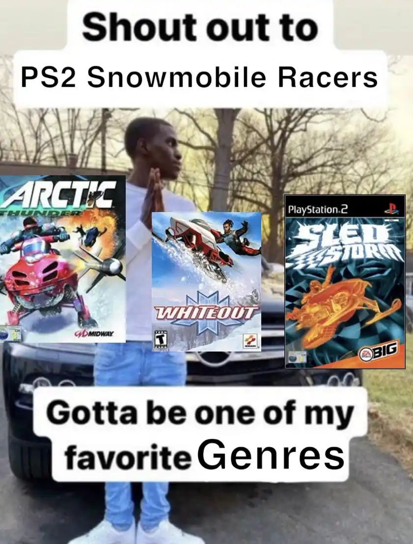 A man stands in front of a car with his hands clasped in prayer, overlaid with three PlayStation 2 game covers: 'Arctic…