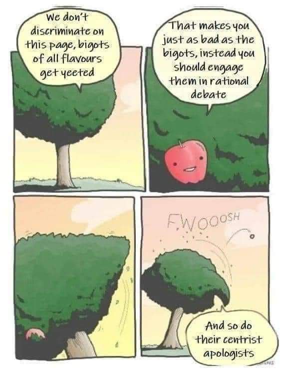 A four-panel comic strip featuring a tree and a smiling red apple. In the first panel, the tree declares it doesn't…