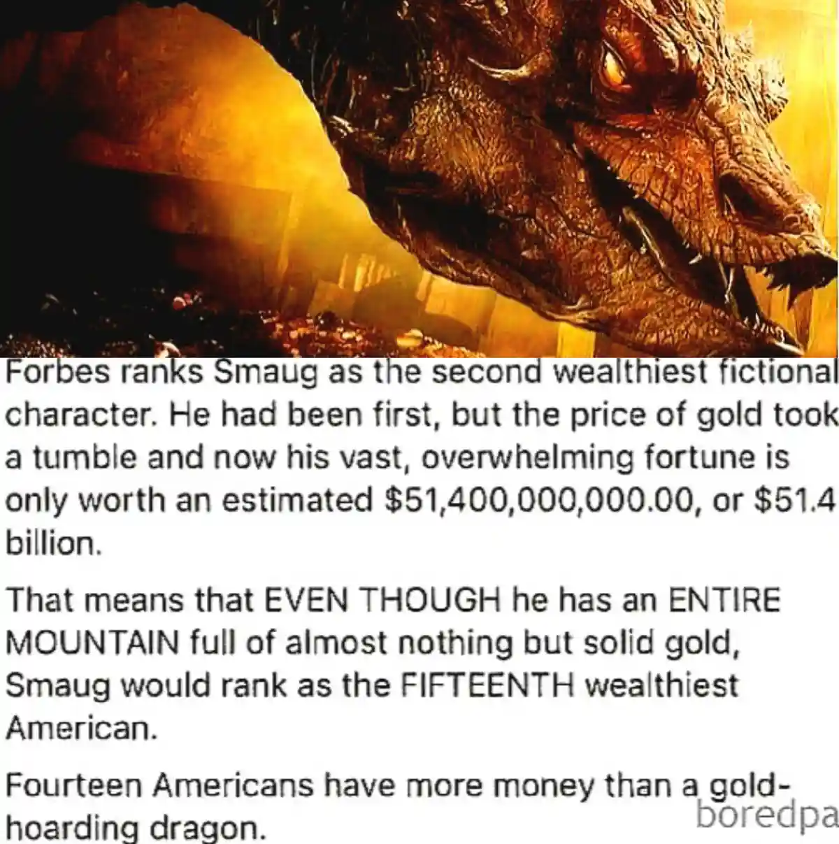 The image shows a close-up of the dragon Smaug from 'The Hobbit' films, with golden light illuminating his scaly, menacing…