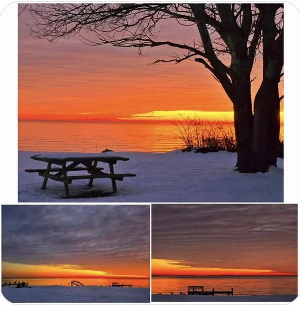 A collage of three winter sunset photos: the top image shows a snow-covered picnic table under a bare tree against a vibrant…