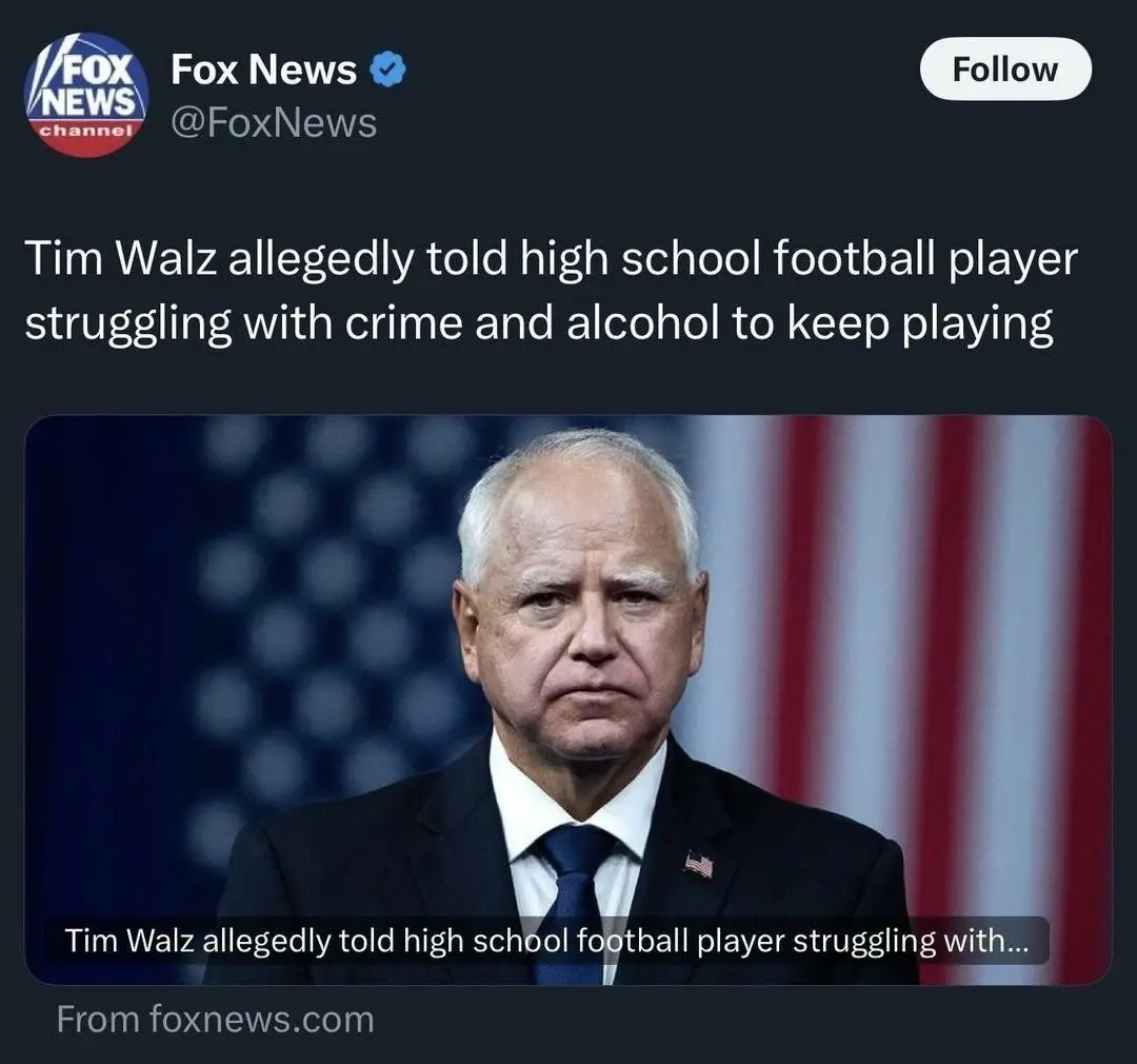 A screenshot of a Fox News tweet featuring a photo of Tim Walz in a suit and tie, looking serious, with an American flag in…
