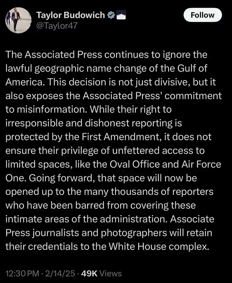 A screenshot of a tweet by Taylor Budowich, which reads like a formal, legally worded statement. The text falsely claims the…