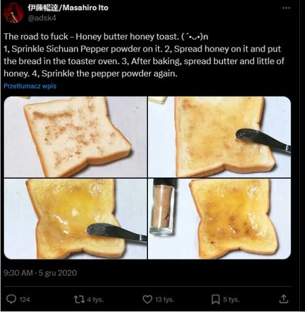 A four-panel image shows the step-by-step process of making 'honey butter honey toast' with Sichuan pepper powder, starting…