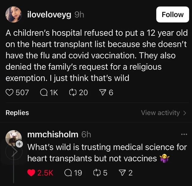 A screenshot of a social media post where a user shares that a children's hospital denied a 12-year-old heart transplant due…