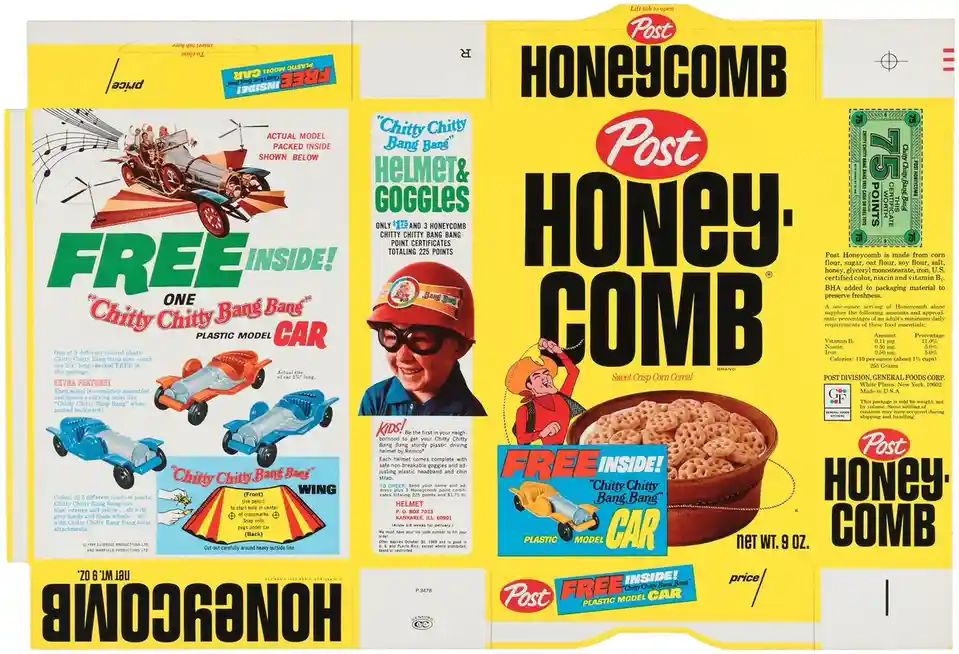 This vintage 1968 Post Honeycomb cereal box features bright yellow packaging with large black text. It advertises a free…