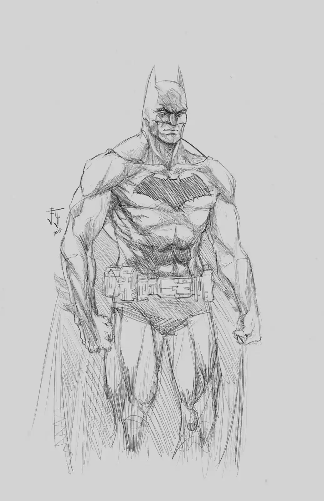 A black-and-white pencil sketch depicts Batman standing in a full-body pose, wearing his iconic cowl with pointed ears, a…