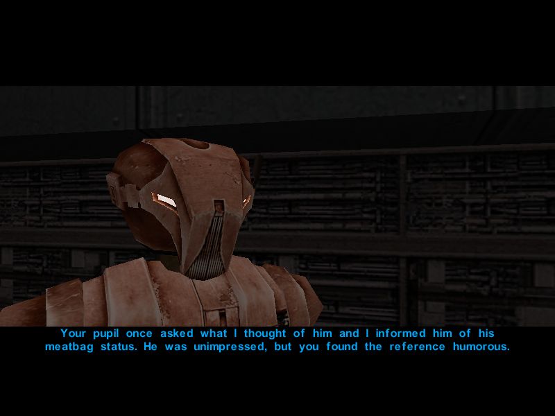 A screenshot from the video game Star Wars: Knights of the Old Republic shows a close-up of a brown, armored droid with…