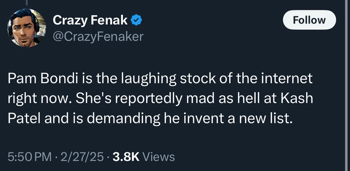 A screenshot of a Twitter post by user 'Crazy Fenak' with a dark background and white text. The post reads: 'Pam Bondi is…