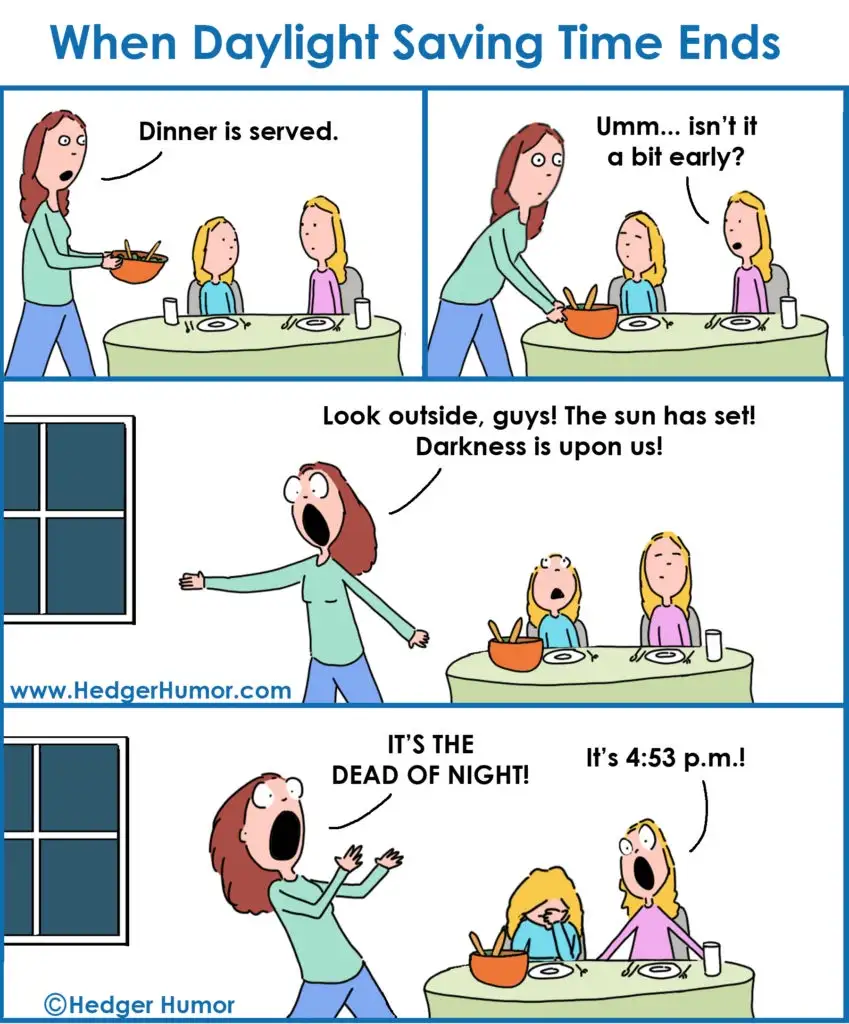 A four-panel comic strip shows a mother serving dinner to her two daughters. She dramatically exclaims that darkness has…