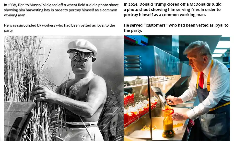 The image displays two side-by-side photos: a black-and-white photo of Benito Mussolini shirtless, wearing goggles and a…