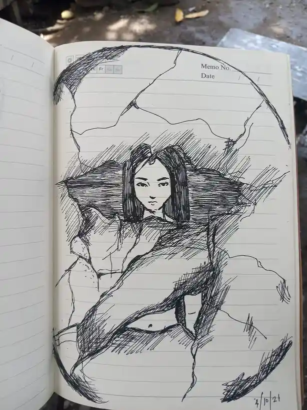 A black-and-white sketch in a lined notebook shows a woman emerging from a cracked, circular shape resembling a broken…