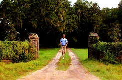 A sequence of six images shows a man walking calmly down a rural road, then progressively running faster as a car approaches…