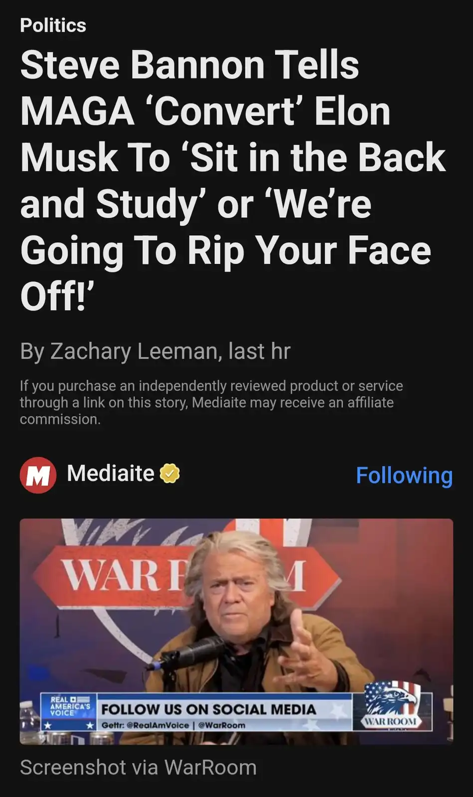 A screenshot of a news article from Mediaite featuring a photo of Steve Bannon speaking at a 'War Room' event. The headline…