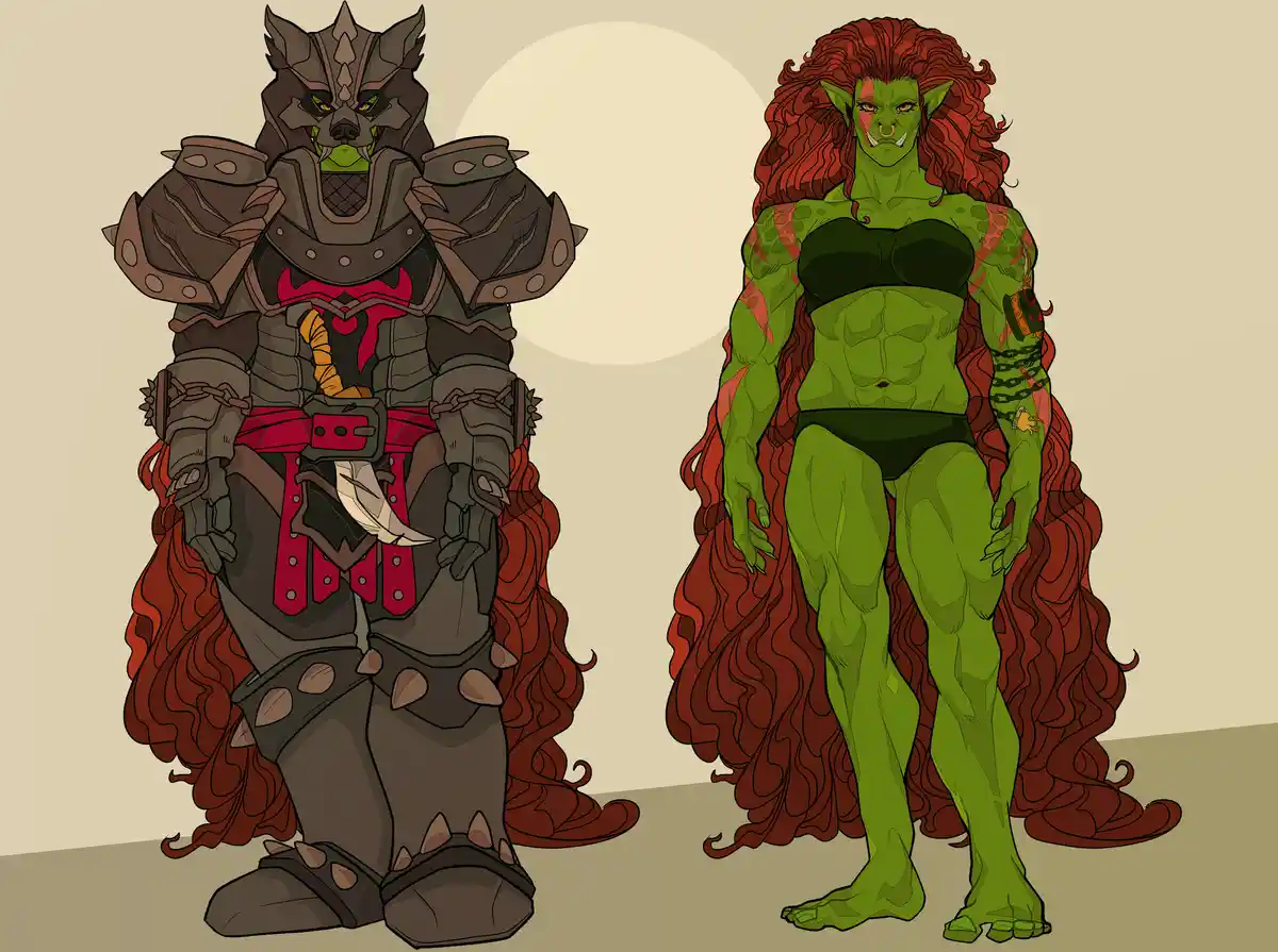 Two green-skinned orc characters stand side by side against a plain background. The orc on the left wears heavy, spiked…