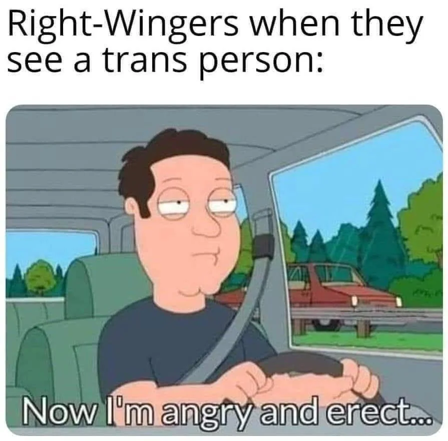 A cartoon man driving a car with a bored, unimpressed expression, overlaid with text reading 'Right-Wingers when they see a…
