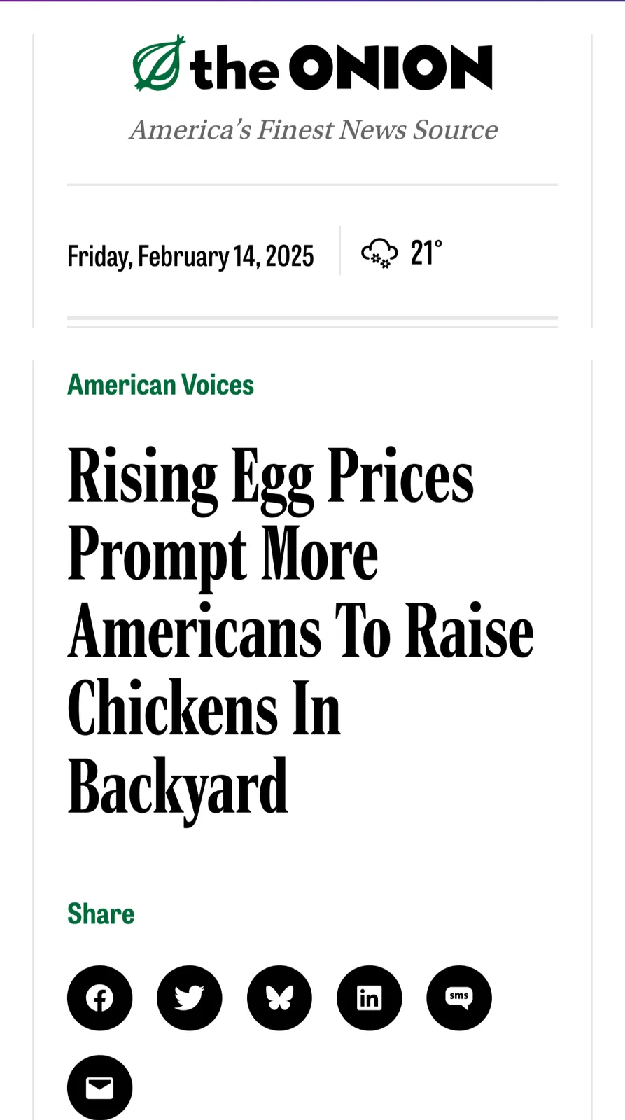A satirical news article from 'the ONION' dated February 14, 2025, with the headline 'Rising Egg Prices Prompt More…