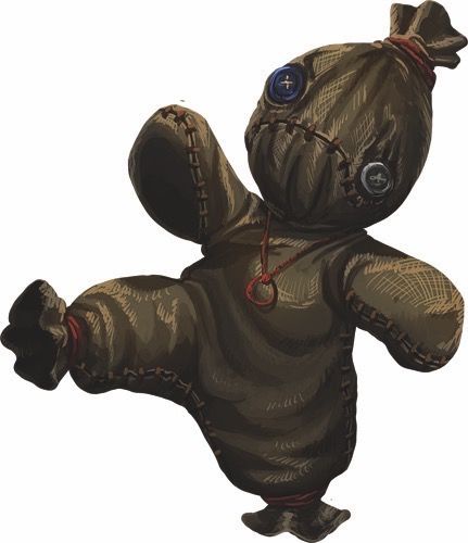 A brown, stitched voodoo doll with button eyes and a red string tied around its neck is posed in a dynamic, dancing stance…