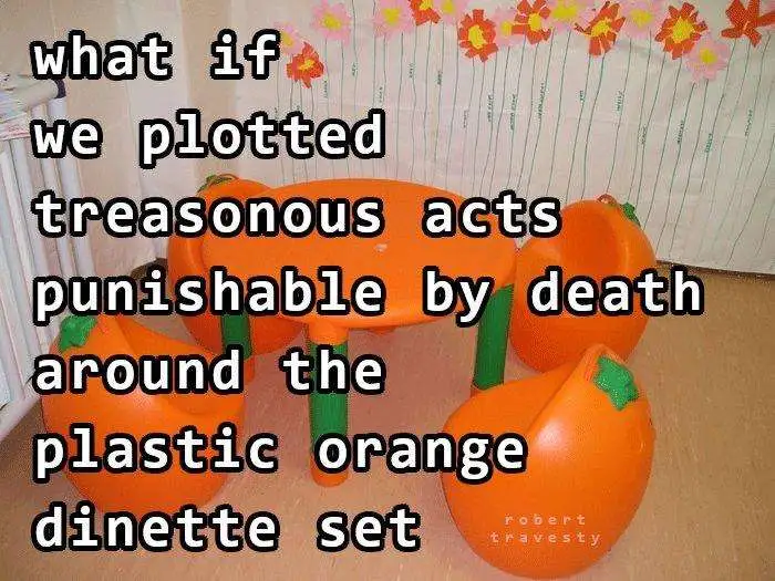 A photo of a child's plastic orange dinette set with matching chairs and a table, set against a backdrop of a…