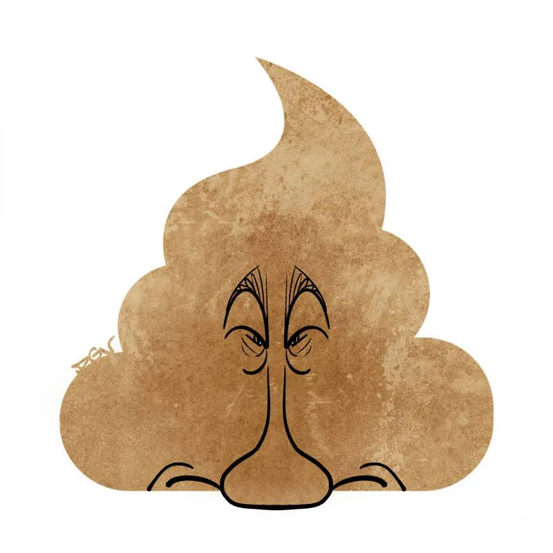A cartoonish brown poop emoji with a human-like face, featuring narrowed eyes and a downturned mouth, conveying annoyance or…