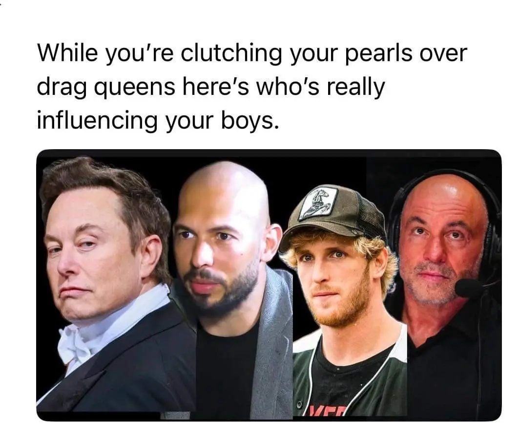 The image displays four men side-by-side: Elon Musk in a suit, a bald man with a beard, a blonde man in a baseball cap, and…