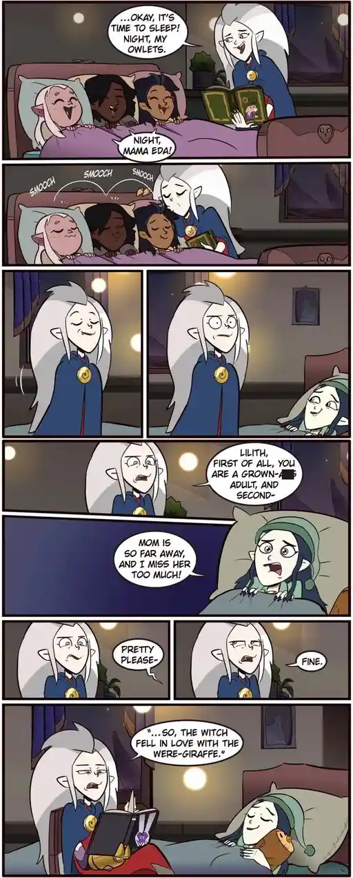 A comic strip shows a mother elf, Mama Eda, tucking her three young children into bed. She kisses them goodnight, but when…