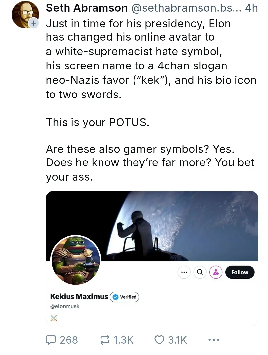 A screenshot of a tweet by Seth Abramson mocking Elon Musk's Twitter profile, which has been altered to include a 'Kekius…